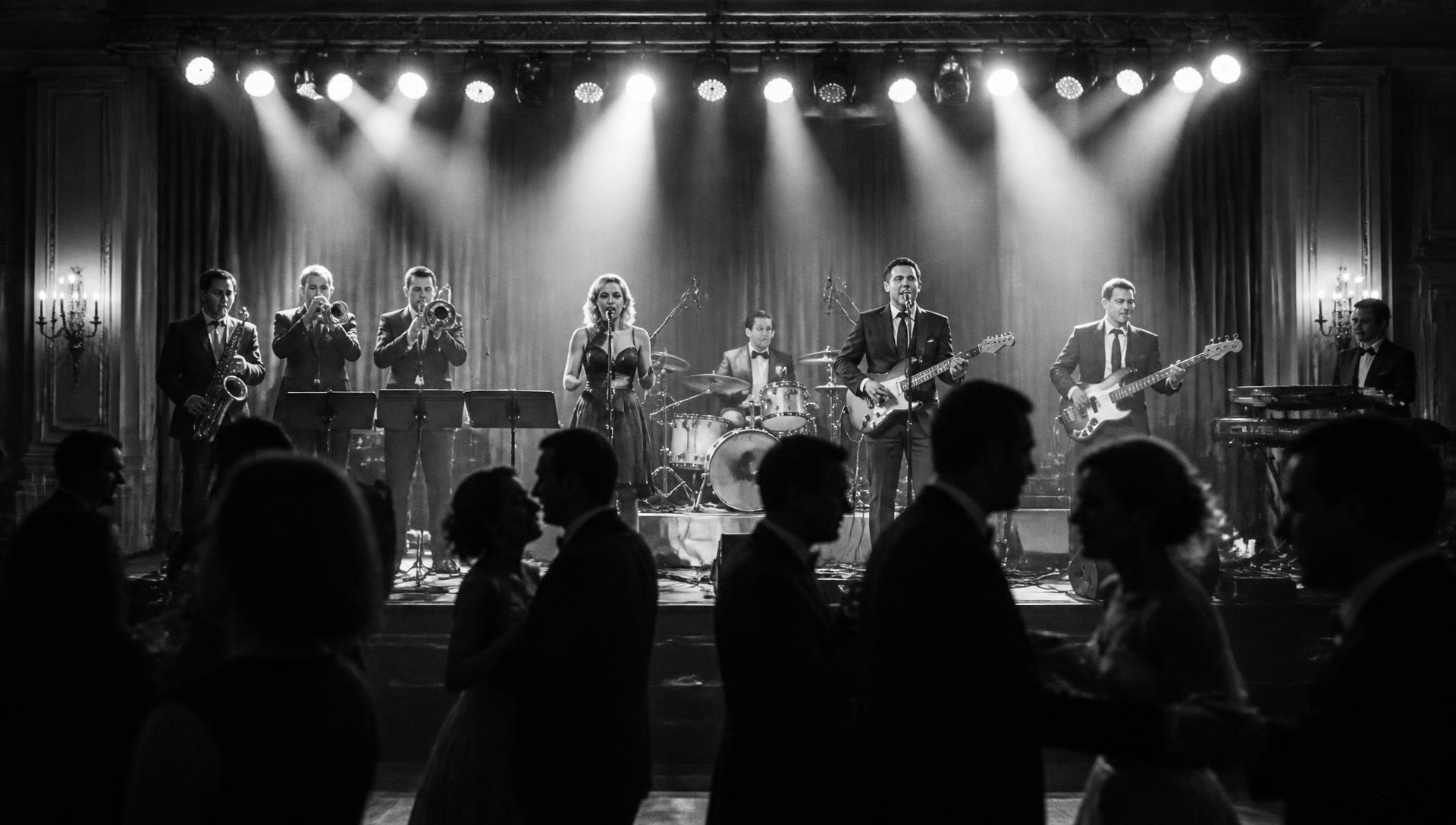 Full band performing on a wide stage